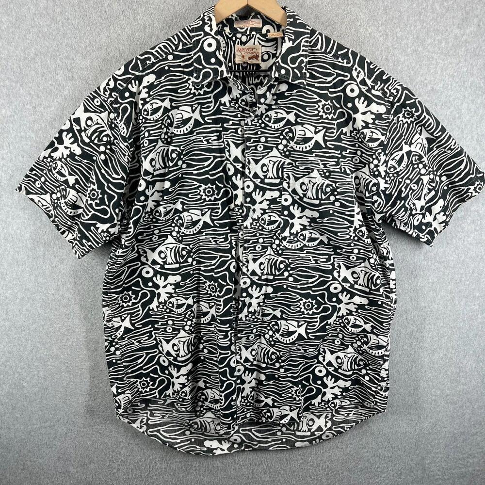 Vintage 90s The Fox Black White Abstract‎ Fish Waves Skater Surfer Shirt Large